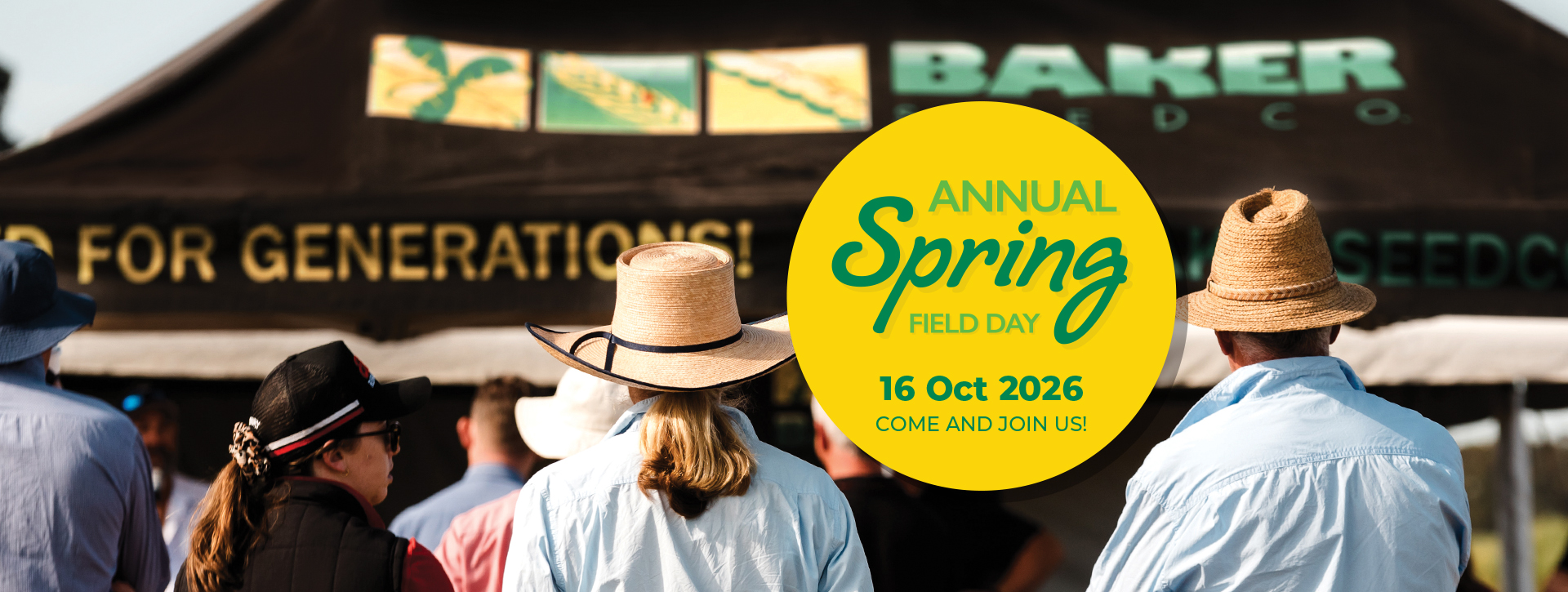 Visitors attending Baker Seed Co's Annual Spring Field Day with event details for 16 October 2026 at the Baker Seed Co demonstration site.