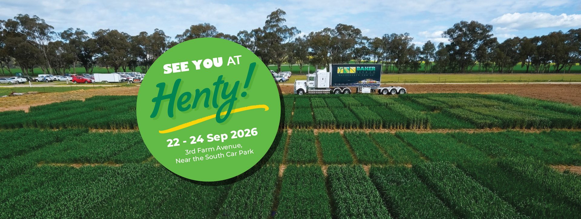 Baker Seed Co trial site at the 2026 Henty Machinery Field Days showcasing cereal crop trials and event location information.